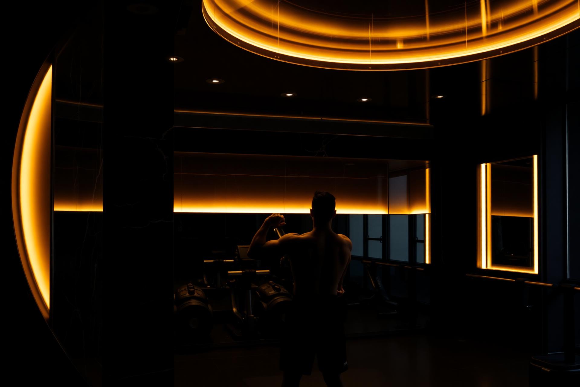 Luxury dark gym with gold lighting